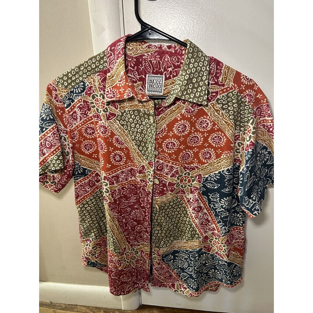 Vintage Russ Sport Petite Patchwork Print Button Down Shirt Short Sleeve Boho